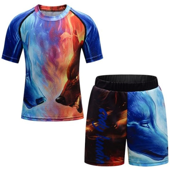 Kids Wolf 'Light and Dark' Short Sleeve Compression Short Set